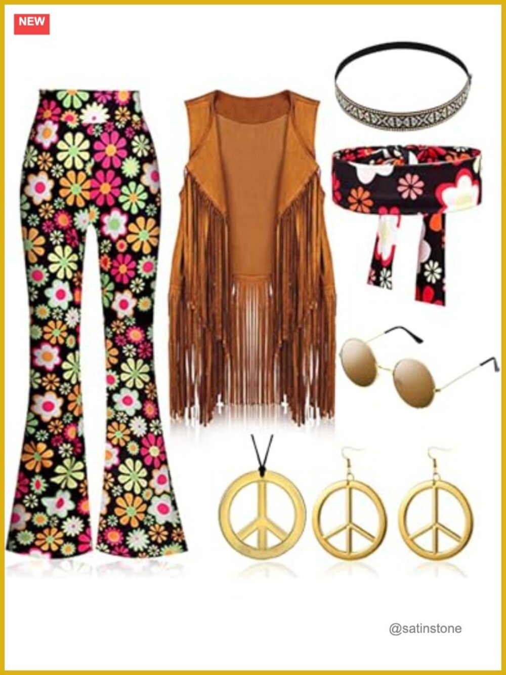 70s Disco Hippie Costume Set Fringe Vest Flared Pants Peace Earrings Headband
